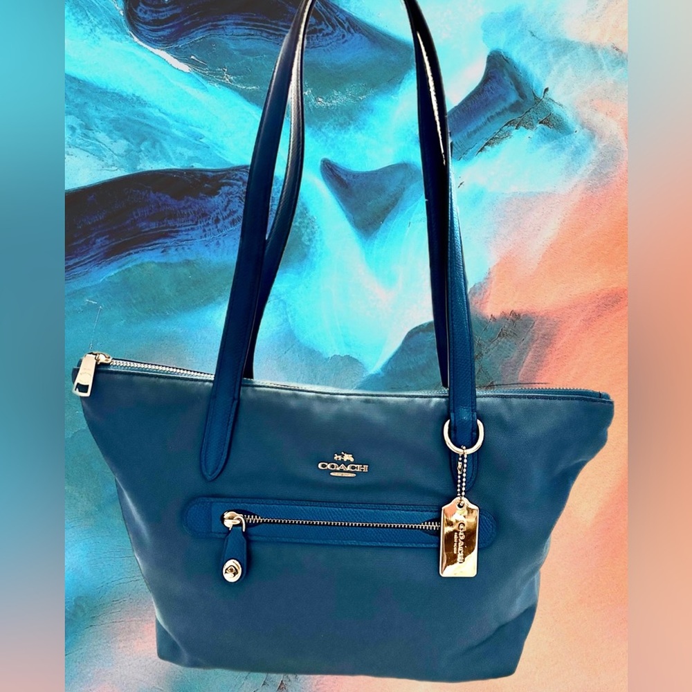 COACH 35500 Nylon/Leather Peacock Blue Tote/Shoulder Bag